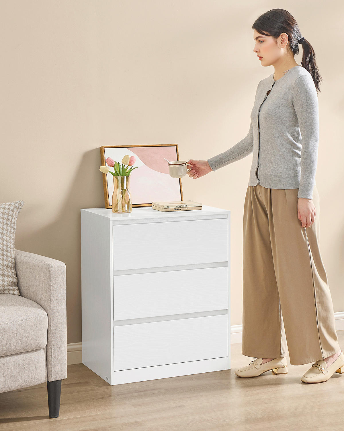 KOMMODE , 60/75/40 cm, 3 Schublade(n)  - Weiß, Trend, Holzwerkstoff (60/75/40cm) - Boxxx