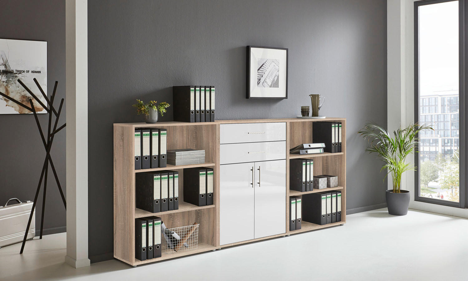 AKTENSCHRANK Sonoma Eiche, Weiß Hochglanz  - Weiß Hochglanz/Sonoma Eiche, MODERN, Holzwerkstoff (253,2/113,6/33cm) - MID.YOU