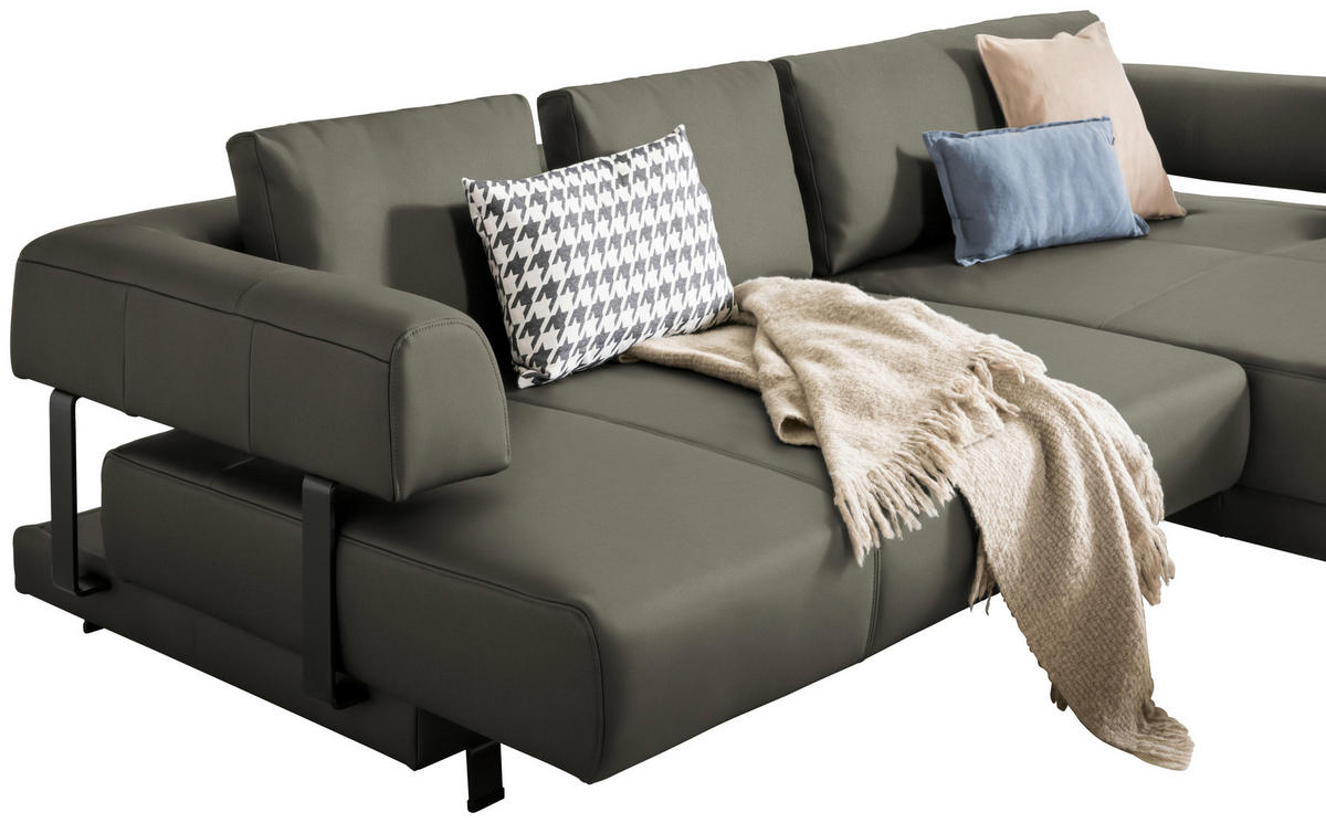 ECKSOFA in Echtleder Grau  - Schwarz/Grau, Design, Leder/Metall (307/188cm)
