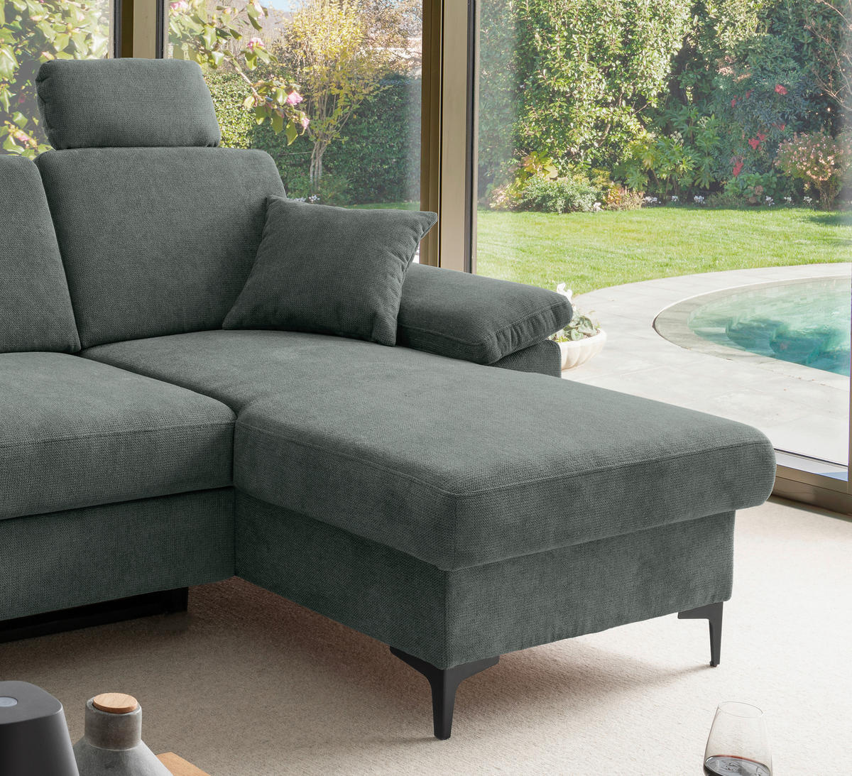 ECKSOFA Chenille Dunkelgrün  - Dunkelgrün/Schwarz, Konventionell, Textil/Metall (245/151cm) - Livetastic