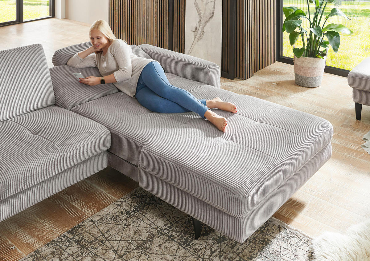 ECKSOFA in Cord Hellgrau  - Hellgrau/Schwarz, Modern, Textil/Metall (302/177cm) - Beldomo Style