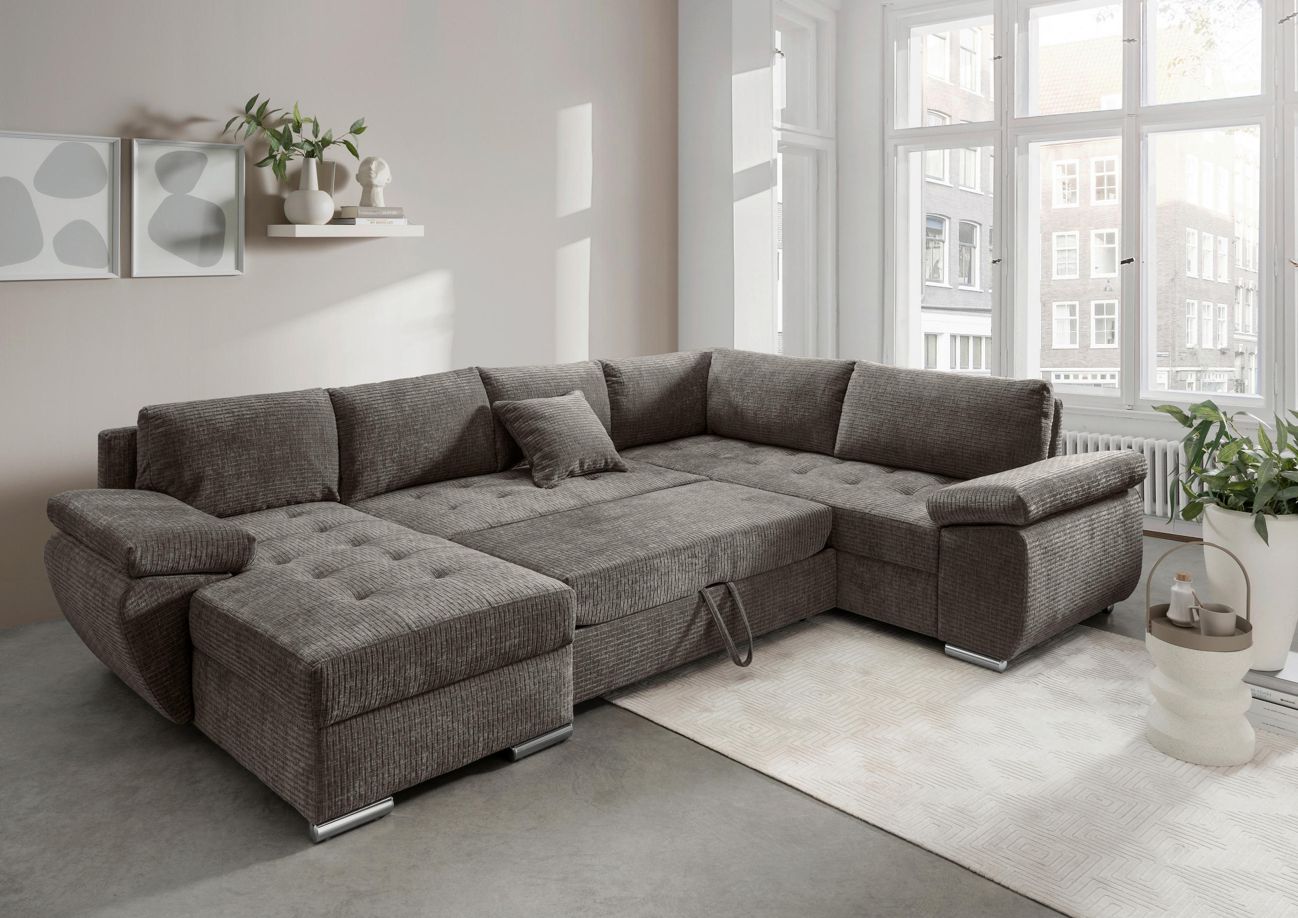 WOHNLANDSCHAFT Graubraun Mikrofaser  - Chromfarben/Graubraun, KONVENTIONELL, Textil/Metall (157/305/219cm) - Livetastic