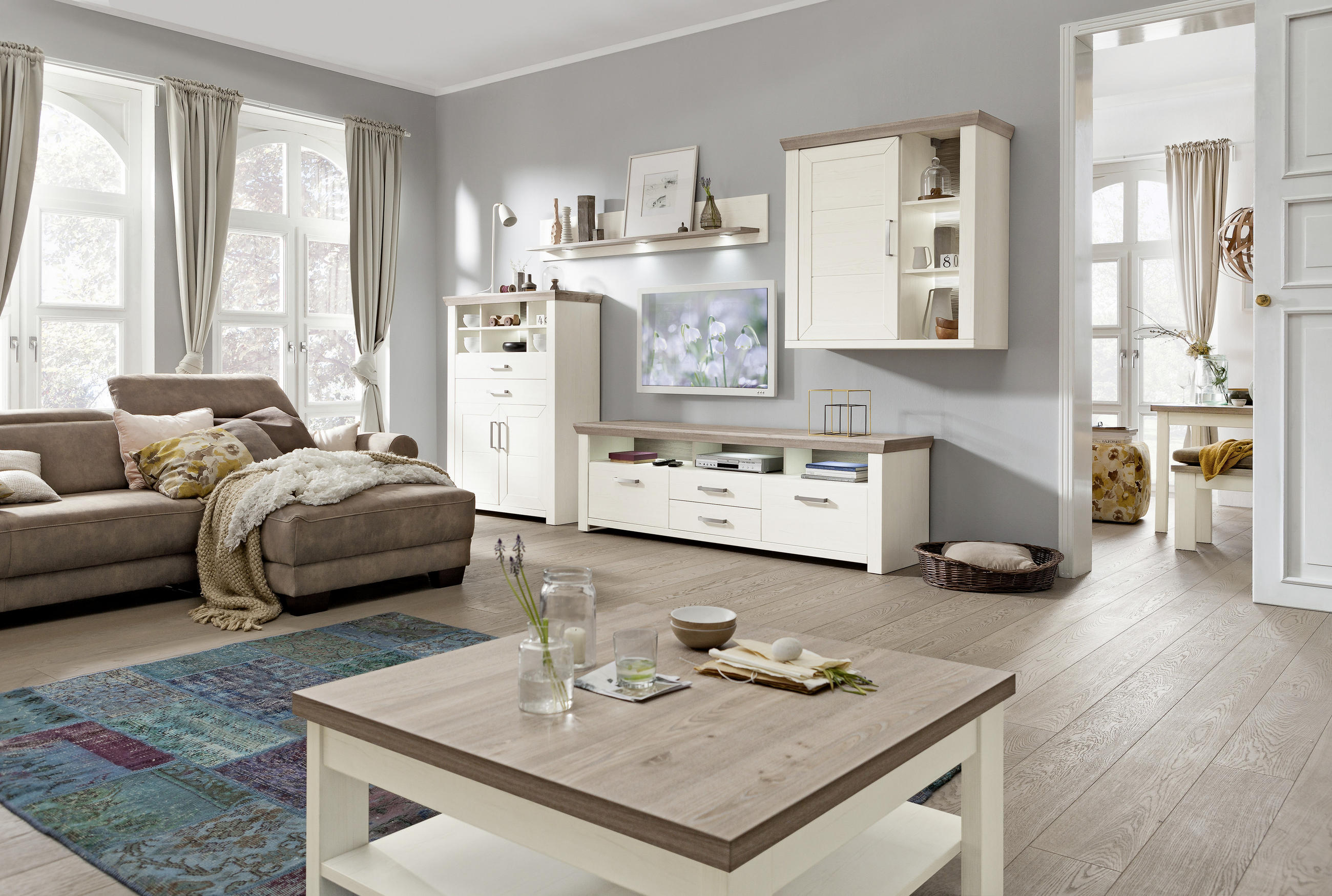 Thumbnail - SetOne by Musterring Wohnwand, Weiß, Eiche, Metall, 3,5 Fächer, 6 Schublade(n) Schubladen, 374x207x51.2 cm, Beimöbel erh...