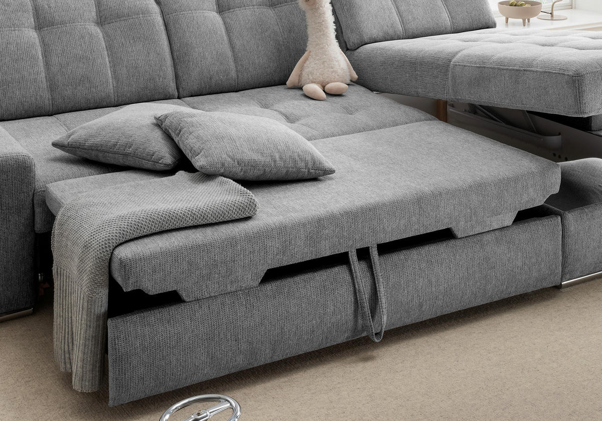 ECKSOFA FRIDO Dunkelgrau Chenille Schlaffunktion, Kopfteilverstellung, Stauraum, Sitztiefenverstellung  - Chromfarben/Dunkelgrau, KONVENTIONELL, Textil/Metall (283/186cm) - Livetastic