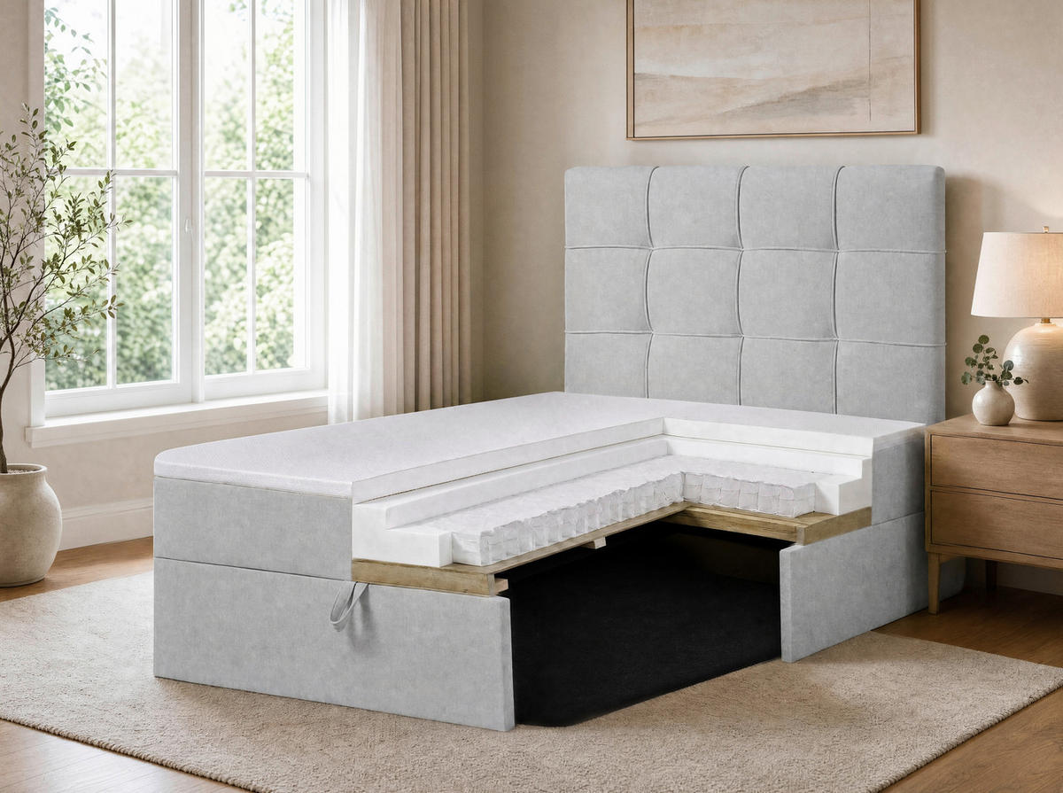 BOXBETT 100/200 cm,  in Hellgrau, Matratze, gepolstertes Kopfteil, Bettkasten, Topper, H3 = fest  - Hellgrau/Schwarz, Basics, Kunststoff/Textil (100/200cm) - Chameo