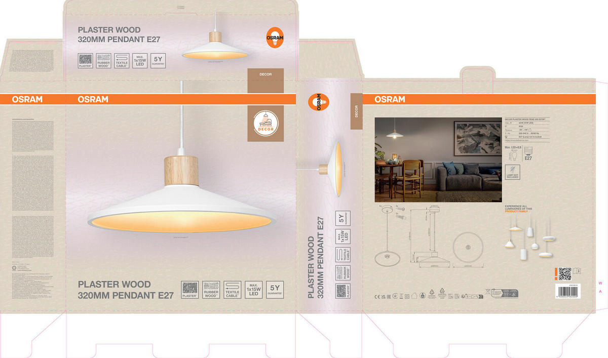 HÄNGELEUCHTE 32/116.5 cm  - Basics, Holz/Stein (32/116.5cm) - Osram