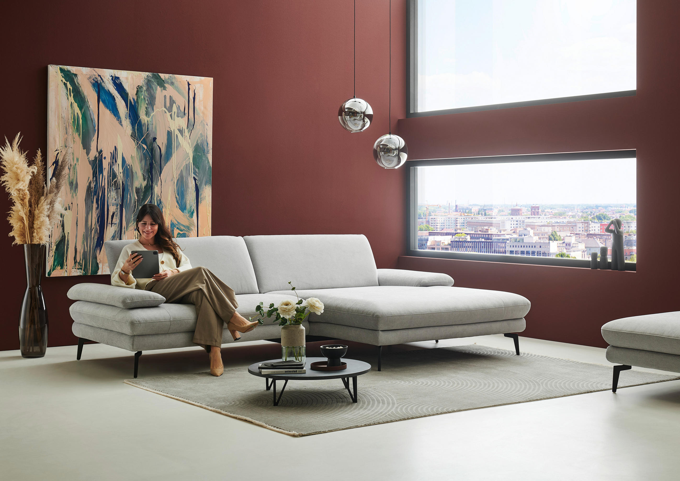 ECKSOFA in Chenille, Flachgewebe Silberfarben  - Silberfarben/Schwarz, Design, Textil/Metall (284/180cm) - Dieter Knoll