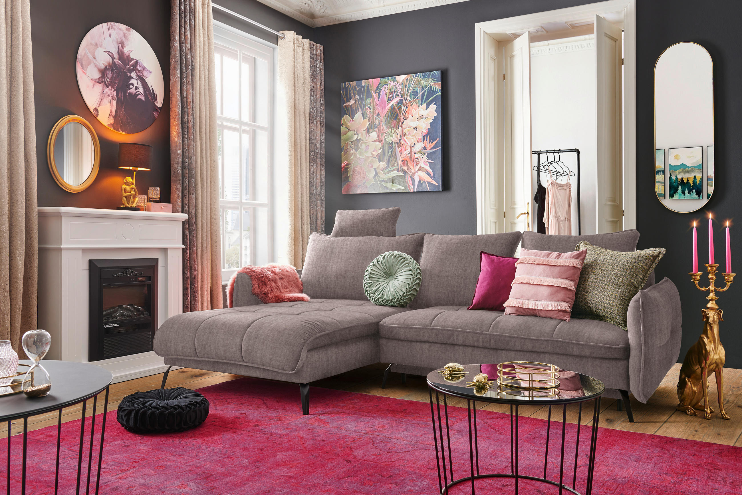 ECKSOFA in Flachgewebe Taupe  - Taupe/Schwarz, Design, Textil/Metall (180/273cm) - Hom`in