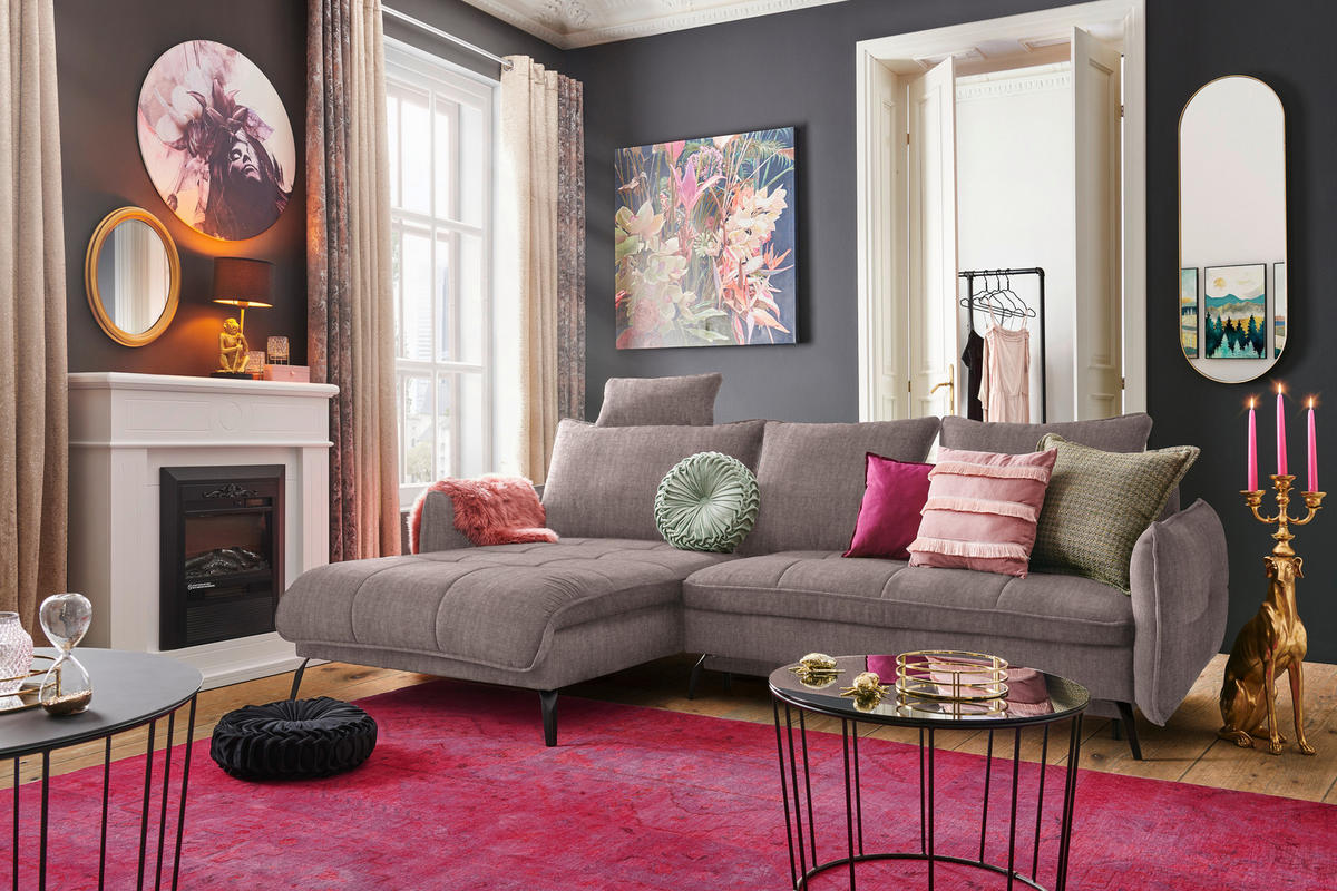 ECKSOFA in Flachgewebe Taupe  - Taupe/Schwarz, Design, Textil/Metall (180/273cm) - Hom`in
