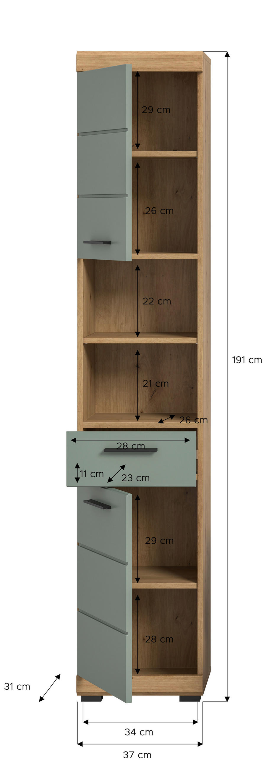 VISOKA OMARA 37/191/31 cm  - črna/žajbljevo zelena, Moderno, umetna masa/leseni material (37/191/31cm) - MID.YOU