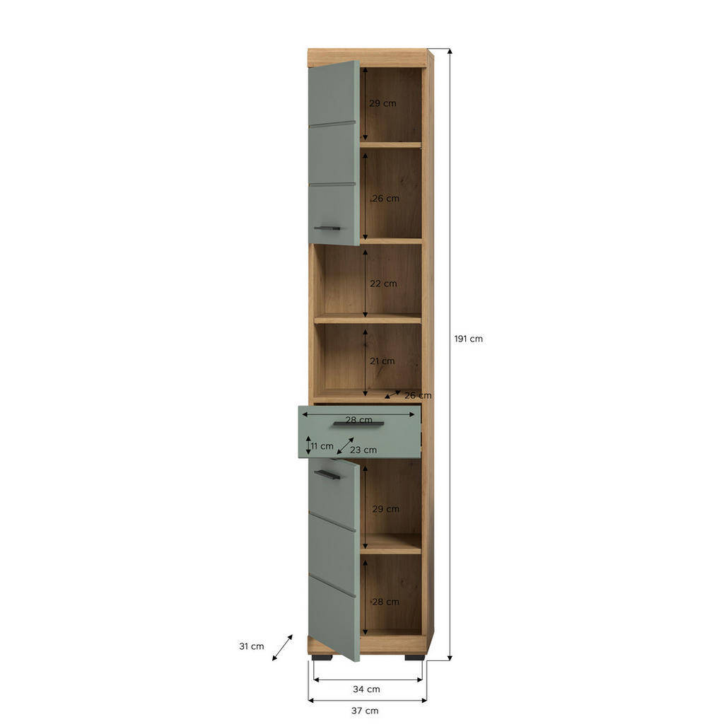 Thumbnail - Mid.you Hochschrank, Salbeigrün, Kunststoff, 3 Fächer, 1 Schubladen, 37x191x31 cm, FSC Mix, stehend, Badezimmer, Badezim...