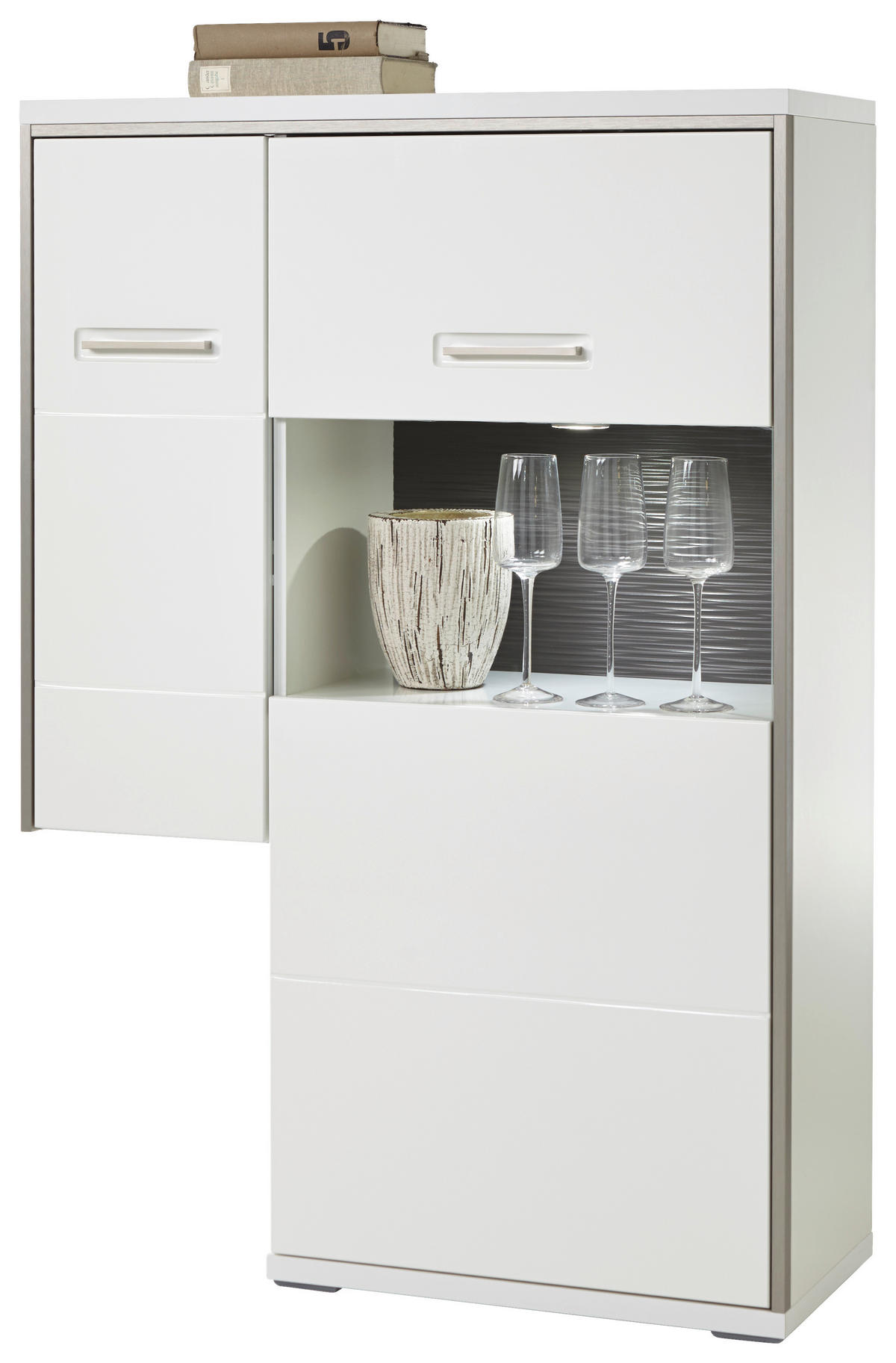HIGHBOARD ohne Beleuchtung, Accra  in 94/137/38 cm  - Weiß Hochglanz/Silberfarben, Design, Glas/Holzwerkstoff (94/137/38cm) - Livetastic