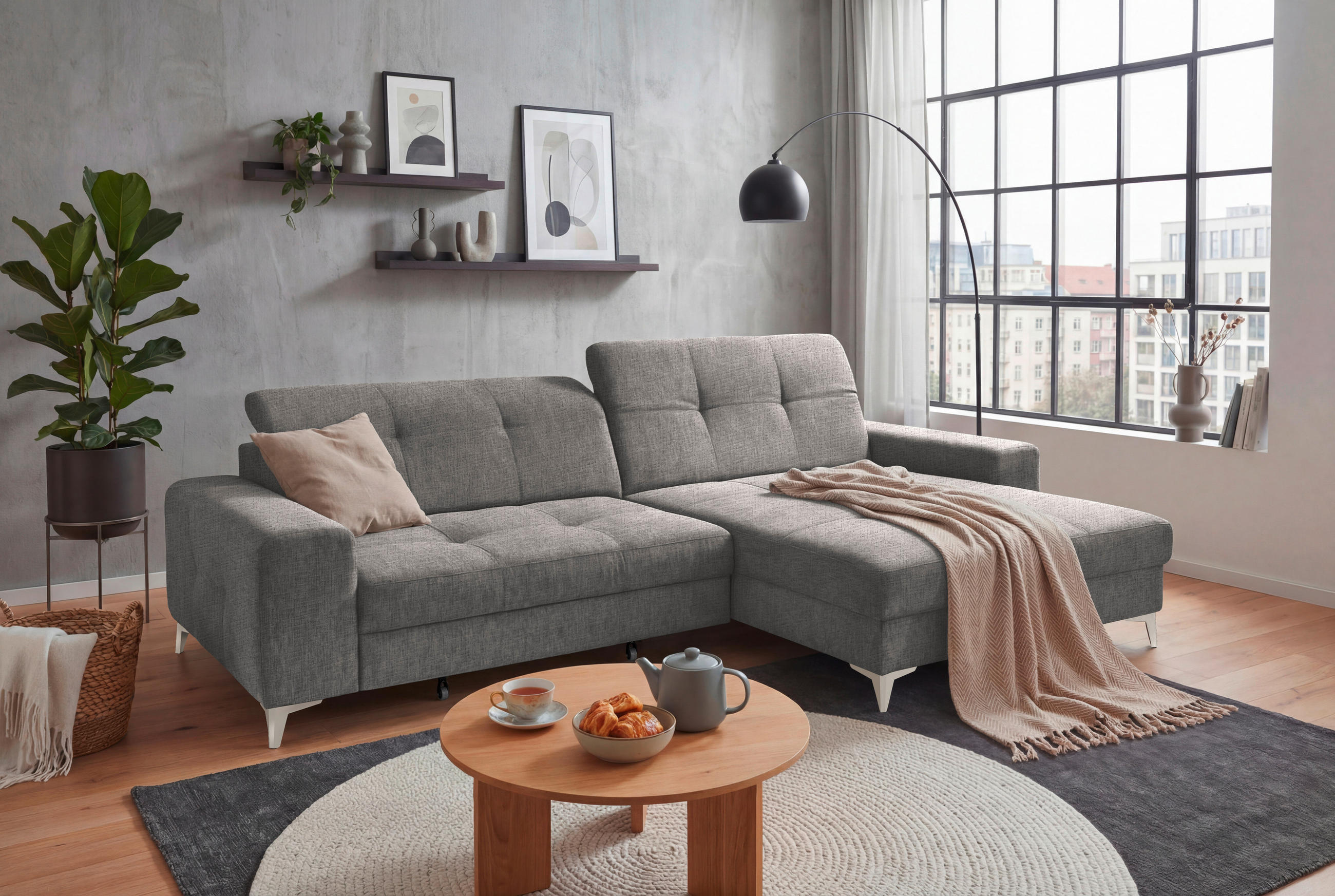 ECKSOFA SORELLA Grau Chenille Kopfteilverstellung, Sitztiefenverstellung  - Kaschmir/Grau, Design, Kunststoff/Textil (328/182cm) - MID.YOU