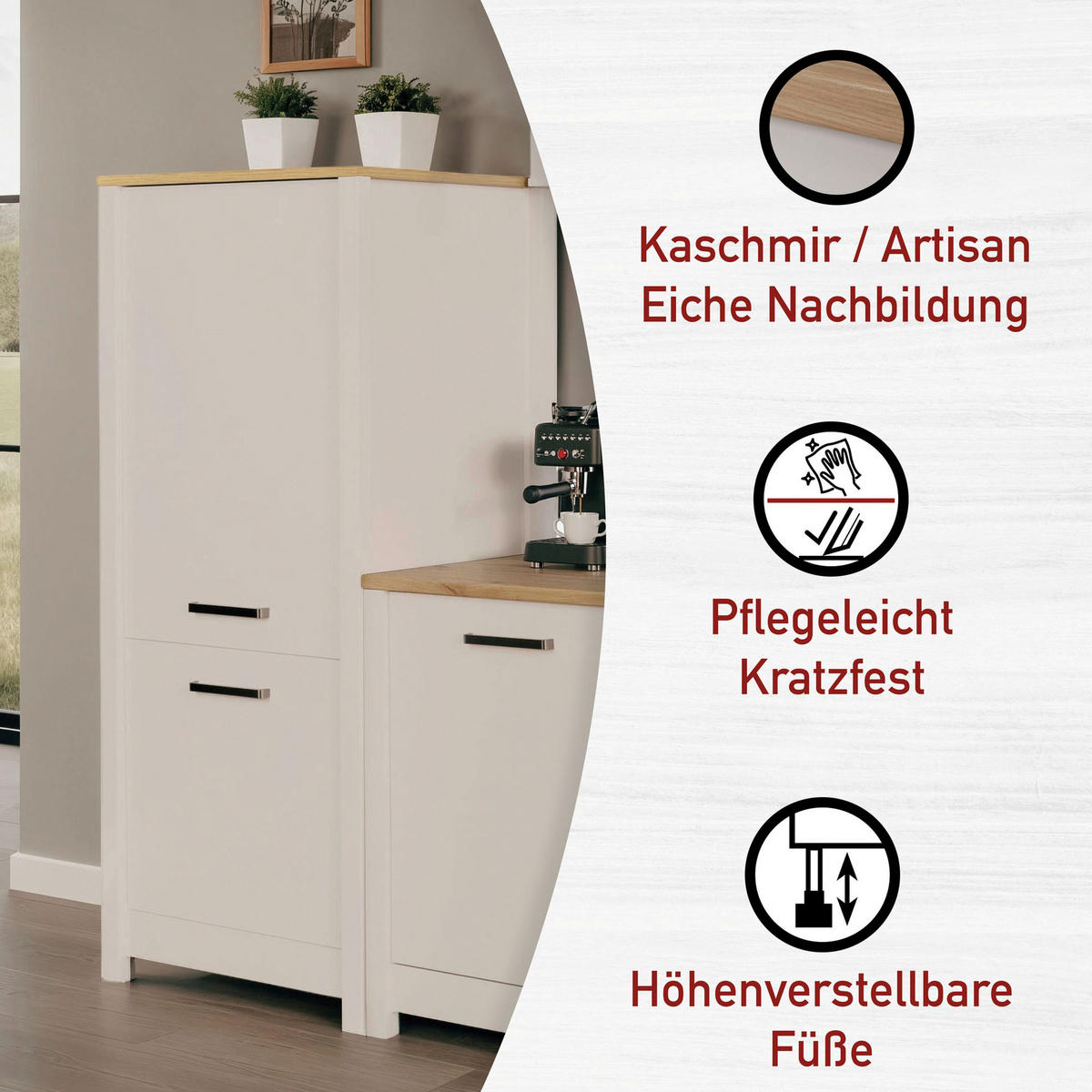 KÜCHENLEERBLOCK 370 cm   in Kaschmir, Eiche Artisan  - Kaschmir/Silberfarben, MODERN, Glas/Holzwerkstoff (370cm) - home24