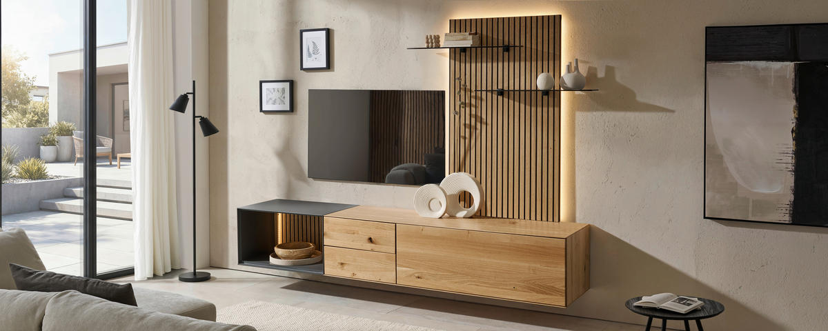 WOHNWAND 3-teilig  in Anthrazit, Eichefarben  261/160/50 cm  - Eichefarben/Anthrazit, Design, Glas/Holz (261/160/50cm) - Dieter Knoll