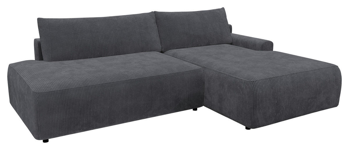 ECKSCHLAFSOFA  mit Schlafen auf Sitzhöhe, Rücken echt, Armteil rechts Cord Anthrazit  - Anthrazit/Schwarz, MODERN, Kunststoff/Textil (253/167cm) - Trendmanufaktur