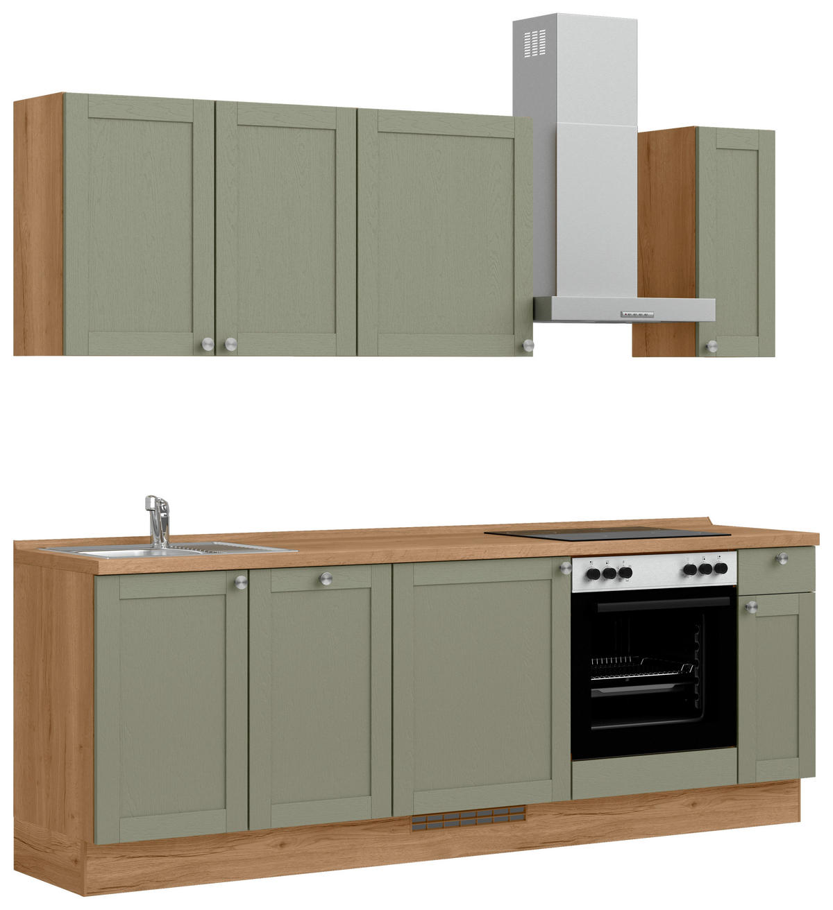 KÜCHENBLOCK Frame 240 cm  in Eichefarben, Olivgrün  - Edelstahlfarben/Eichefarben, MODERN, Holzwerkstoff/Metall (240cm) - Nobilia