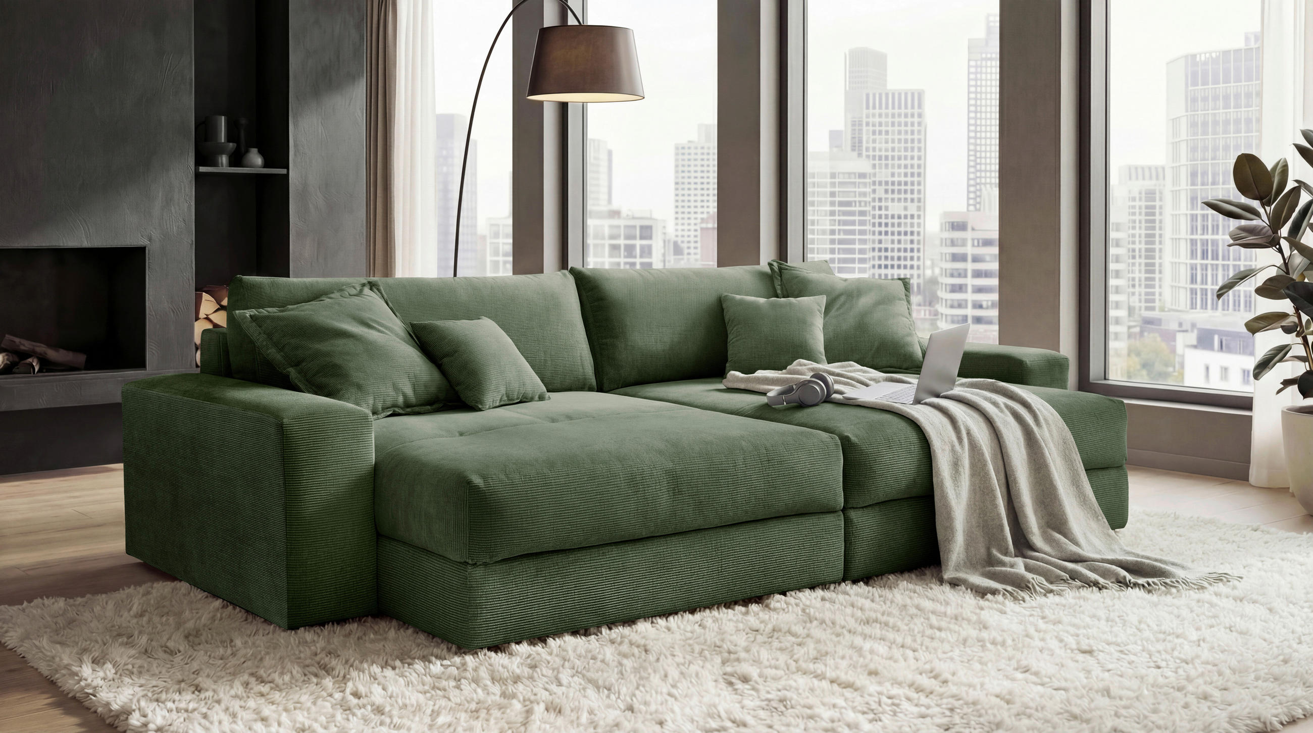 BIGSOFA KAMIL Cord Grün  - Schwarz/Grün, MODERN, Kunststoff/Textil (300/70/180cm) - Livetastic