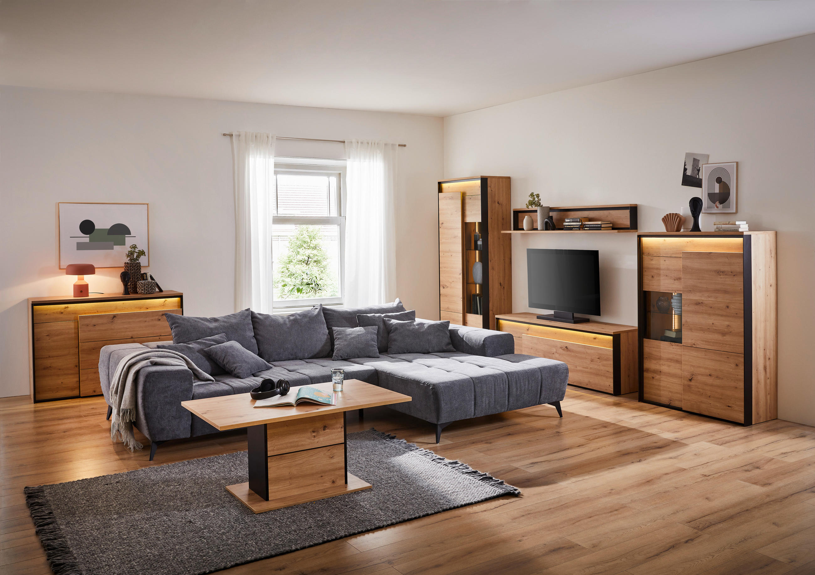 KOMODA POD TELEVIZI, černá, dub artisan, 155/55/41 cm - černá/dub artisan, Design, kompozitní dřevo/plast (155/55/41cm) - Hom`in