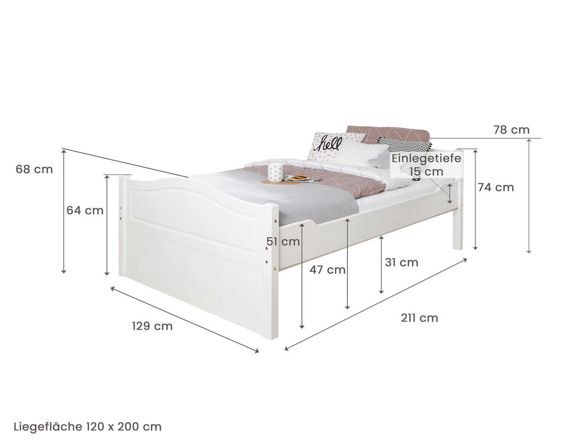 STAURAUMBETT 120/200 cm  in Weiß  - Weiß/Naturfarben, MODERN, Holz (120/200cm) - MID.YOU