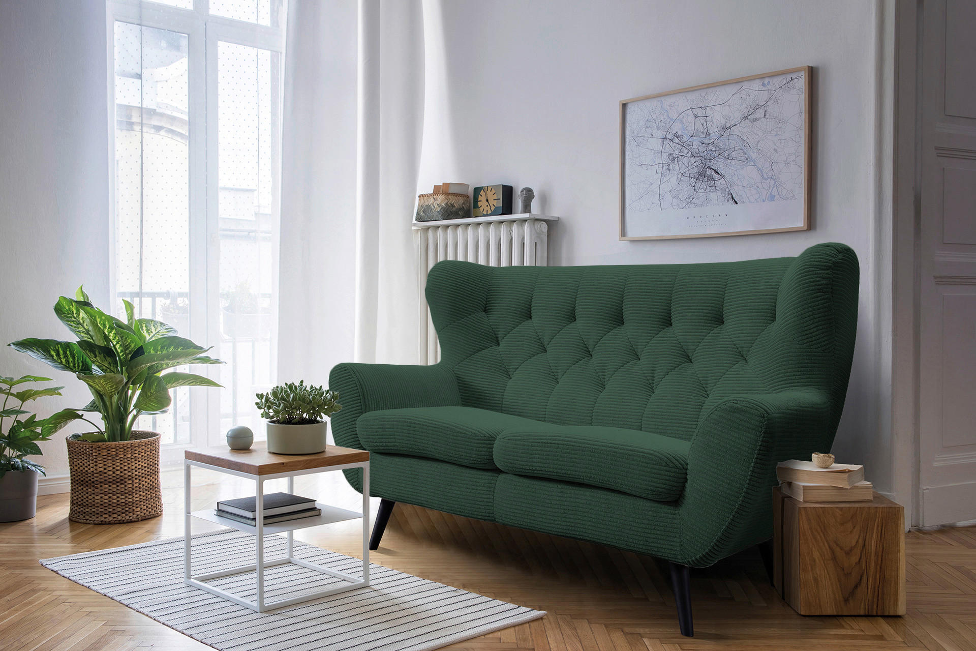 2-SITZER-SOFA Cord Grün  - Schwarz/Grün, Design, Holz/Textil (137/101/95cm) - Stylife