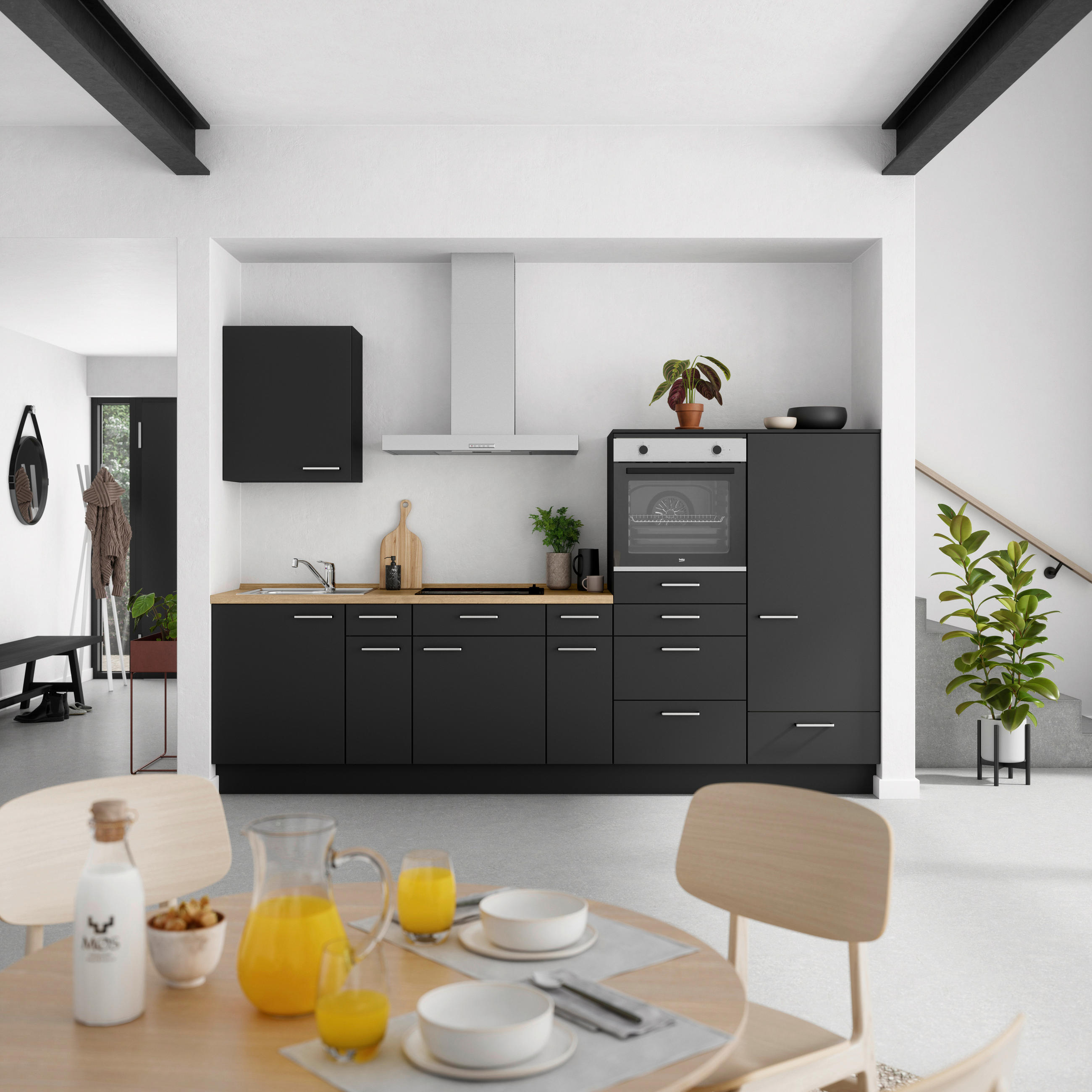 KÜCHENBLOCK 300 cm   in Schwarz, Eichefarben  - Edelstahlfarben/Eichefarben, MODERN, Holzwerkstoff/Metall (300cm) - Nobilia