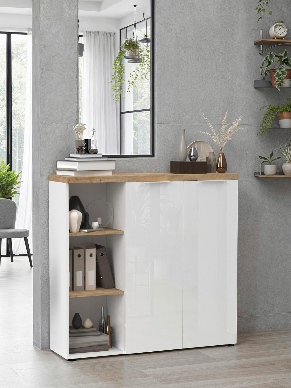 KLÄDSKÅP i ekfärgad, vit högglans  - vit högglans/ekfärgad, Modern, metall/trämaterial (121/116/34cm) - Best Price