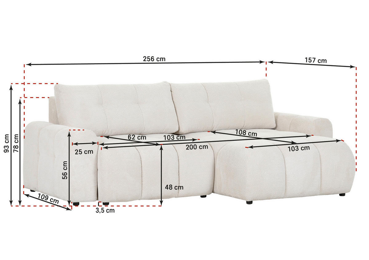 ECKSOFA in Flachgewebe Naturfarben  - Schwarz/Naturfarben, Konventionell, Kunststoff/Textil (256/157cm) - Carryhome