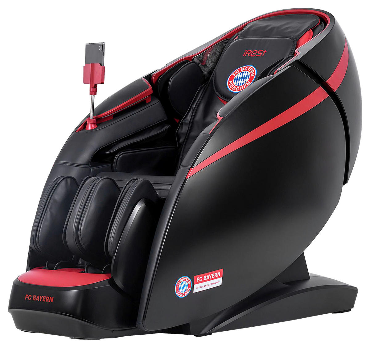 MASSAGESESSEL FC BAYERN MÜNCHEN  mit Lederlook Rot, Schwarz integrierte Lautsprecher, Relaxfunktion, Liegefunktion, Sitzheizung, Netzbetrieb, Massagefunktion, Herz-Waage-Funktion, integrierter Akku, abwischbar, ausziehbare Fußstütze, Bluetooth-Lautsprecher, Rückenlehne in S-Form  - Rot/Schwarz, KONVENTIONELL, Kunststoff/Textil (177-190/130/86cm) - Welnova