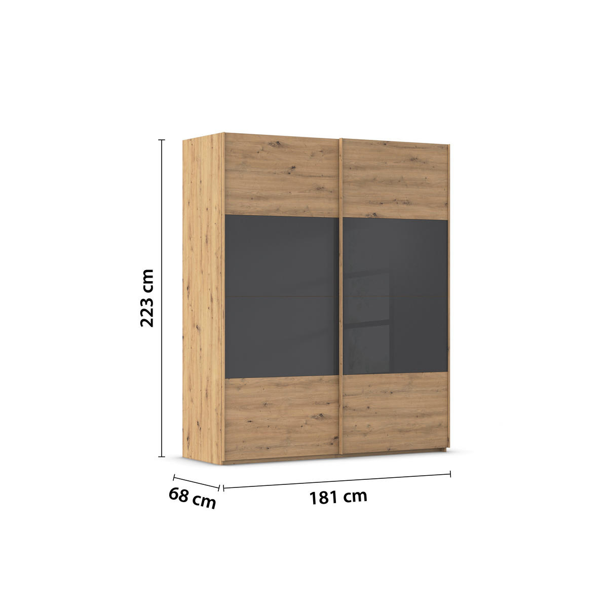 SCHWEBETÜRENSCHRANK 181/223/68 cm 2-türig Schwarz, Eiche Artisan  - Eichefarben/Schwarz, Design, Glas/Holzwerkstoff (181/223/68cm) - Xora