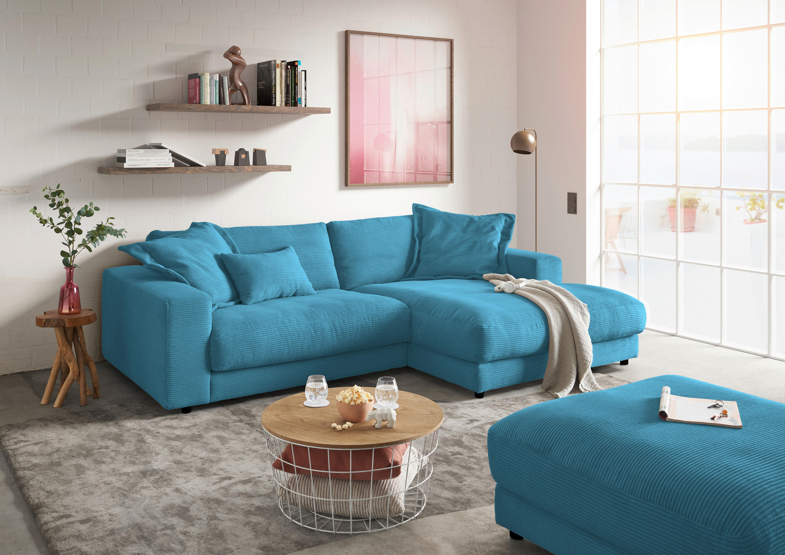ECKSOFA in Cord Petrol  - Petrol/Schwarz, Design, Kunststoff/Textil (270/190cm) - Lomoco