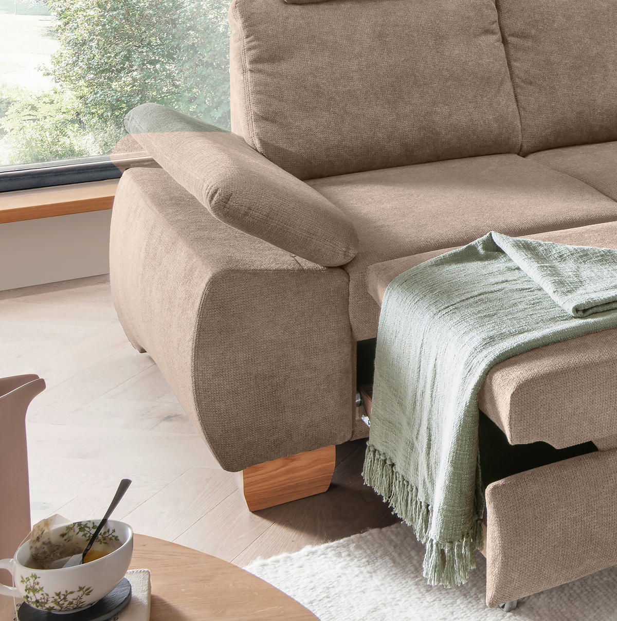 ECKSCHLAFSOFA in Chenille Hellbraun  - Wildeiche/Hellbraun, Modern, Holz/Textil (261/206cm) - Livetastic