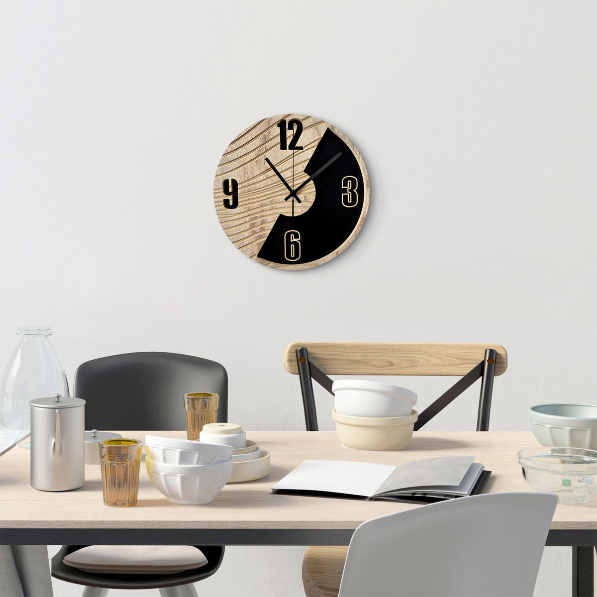 WANDUHR Schwarz, Eichefarben  - Eichefarben/Schwarz, Basics, Holz/Kunststoff (36cm)