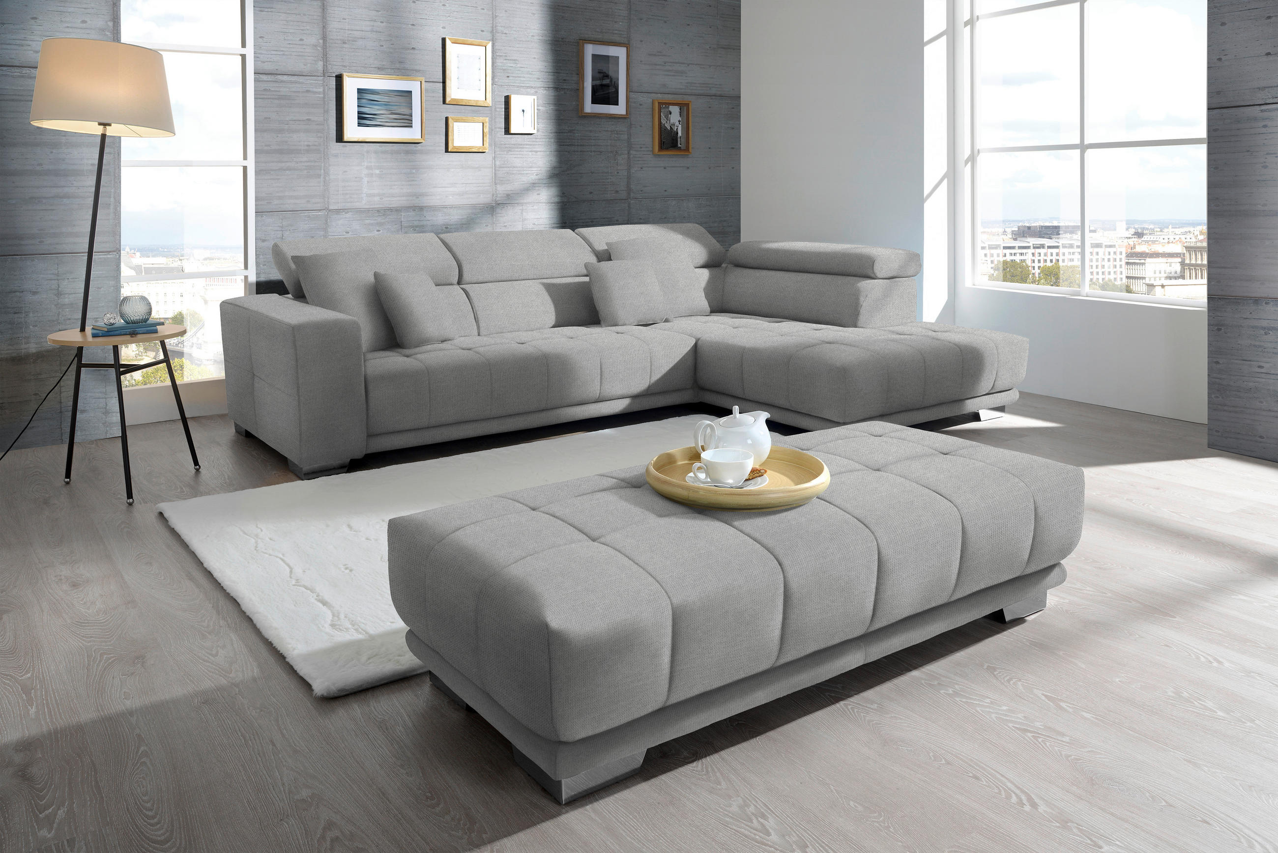 ECKSOFA in Mikrofaser Hellgrau  - Chromfarben/Hellgrau, Design, Textil/Metall (301/207cm) - Xora