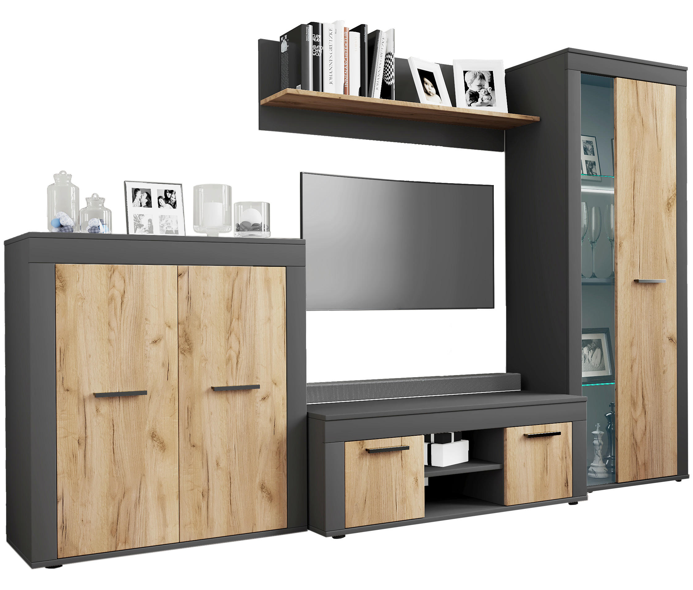 WOHNWAND Usilo 4-teilig  in Anthrazit, Honigeiche  242/159/37 cm  - Honigeiche/Anthrazit, Design, Glas/Holzwerkstoff (242/159/37cm) - MID.YOU
