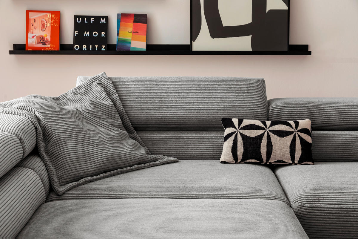 SEDEŽNA GARNITURA, rebrasti žamet siva  - črna/siva, Moderno, kovina/tekstil (276/221cm) - Pure Home Lifestyle