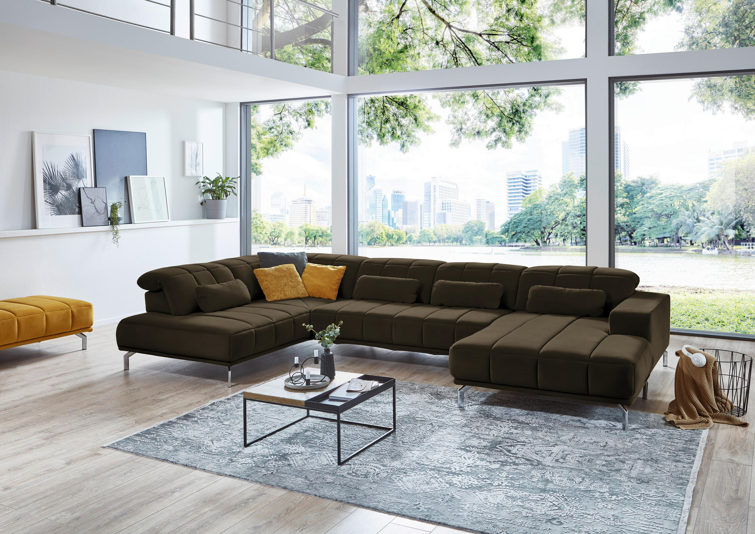 WOHNLANDSCHAFT Graubraun Velours  - Graubraun/Schwarz, Design, Textil/Metall (219/383/195cm) - Beldomo Style