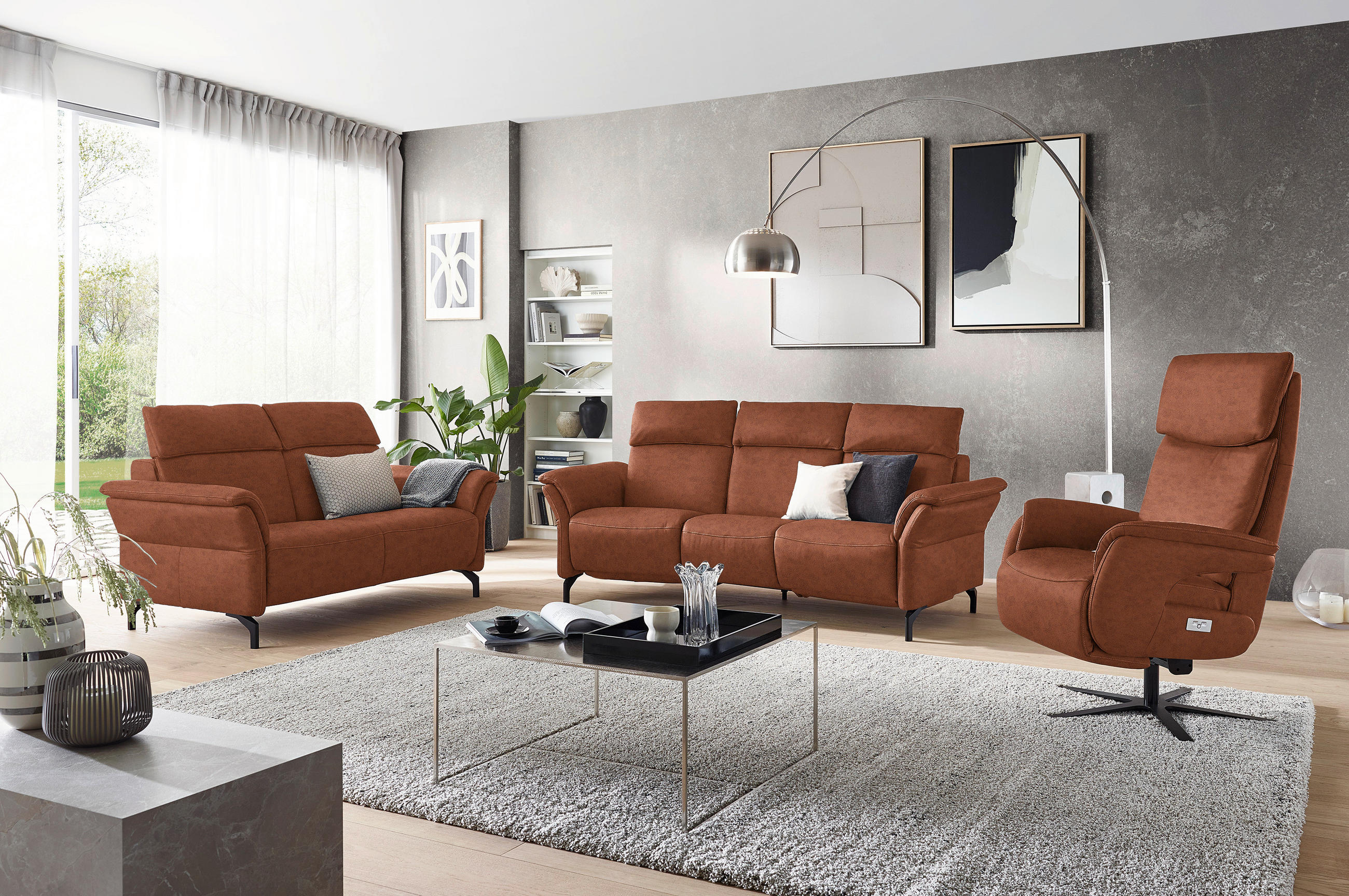 TRAPEZSOFA Echtleder Cognac  - Cognac/Schwarz, KONVENTIONELL, Leder/Metall (221/103/95cm) - Dieter Knoll
