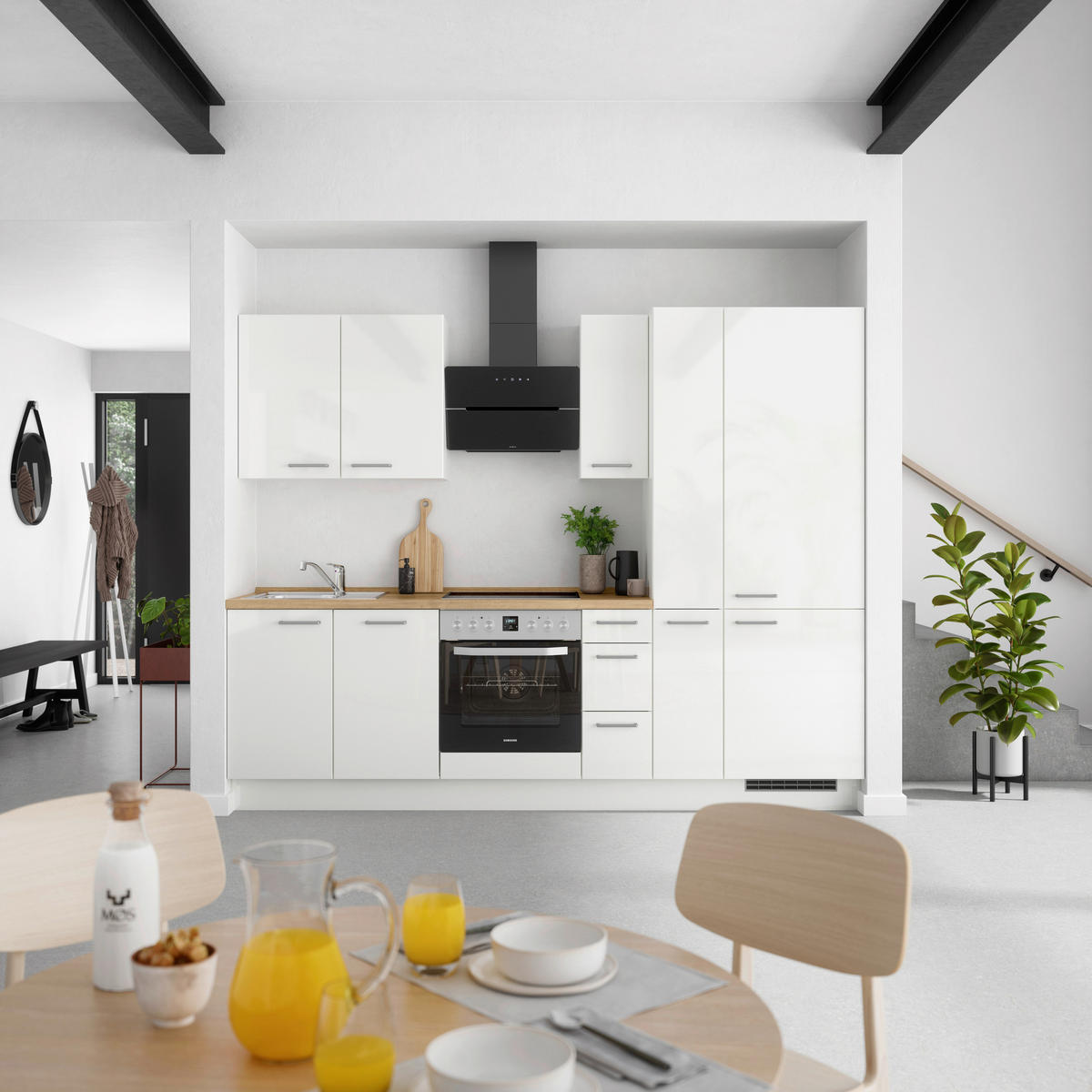 KÜCHENLEERBLOCK 270 cm   in Eichefarben, Weiß Hochglanz  - Edelstahlfarben/Eichefarben, MODERN, Holzwerkstoff/Metall (270cm) - Nobilia