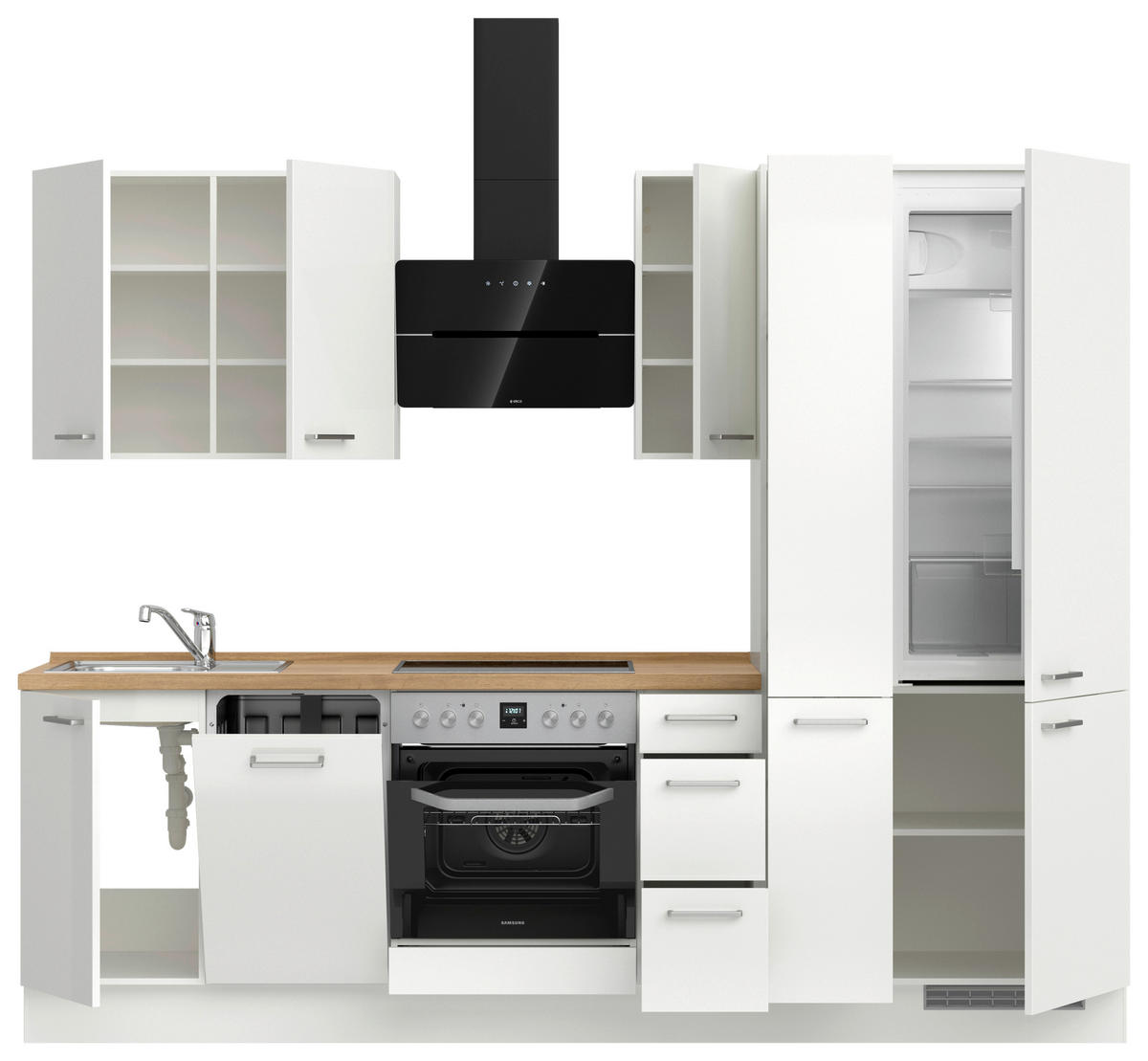 KÜCHENLEERBLOCK 270 cm   in Eichefarben, Weiß Hochglanz  - Edelstahlfarben/Eichefarben, MODERN, Holzwerkstoff/Metall (270cm) - Nobilia