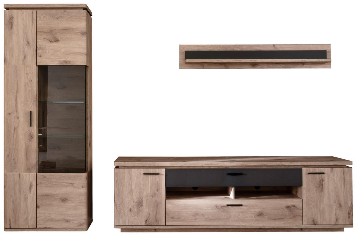 WOHNWAND 3-teilig  in Anthrazit, Eiche dunkel  295/208/50 cm  - Eiche dunkel/Anthrazit, KONVENTIONELL, Glas/Holzwerkstoff (295/208/50cm) - Cantus