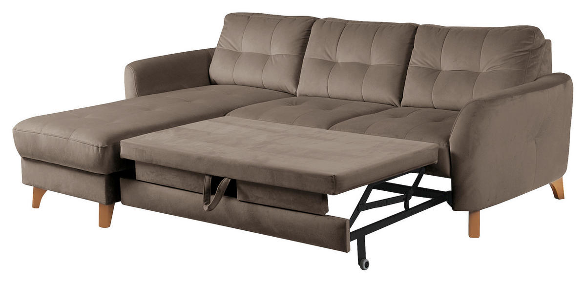 ECKSOFA Beige Samt Bettkasten, Schlaffunktion, Liegefläche im Originalstoff  - Beige/Buchefarben, Design, Holz/Textil (168/238cm) - Livetastic