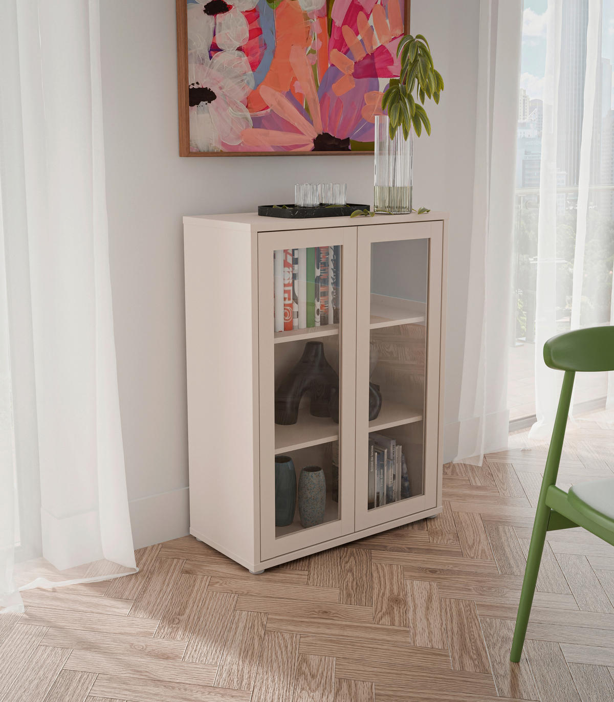 VITRINA, peščene barve - peščene barve, Moderno, steklo/leseni material (74,5/99,1/34,9cm) - Carryhome