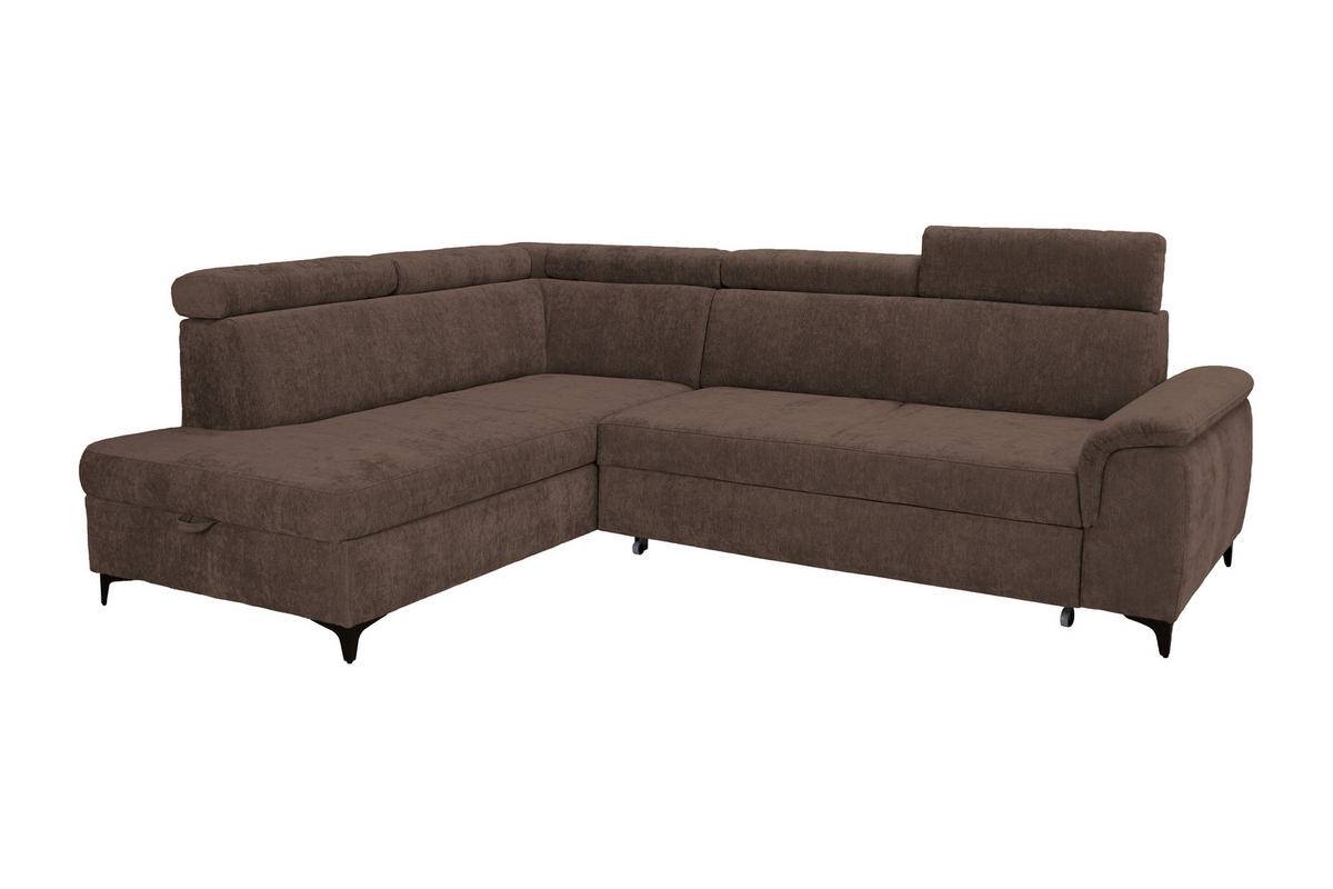 ECKSOFA Dunkelbraun Chenille Bettkasten, Schlaffunktion, Rücken echt, Kopfteilverstellung, Liegefläche im Originalstoff  - Dunkelbraun/Schwarz, KONVENTIONELL, Textil/Metall (206/265cm) - Carryhome
