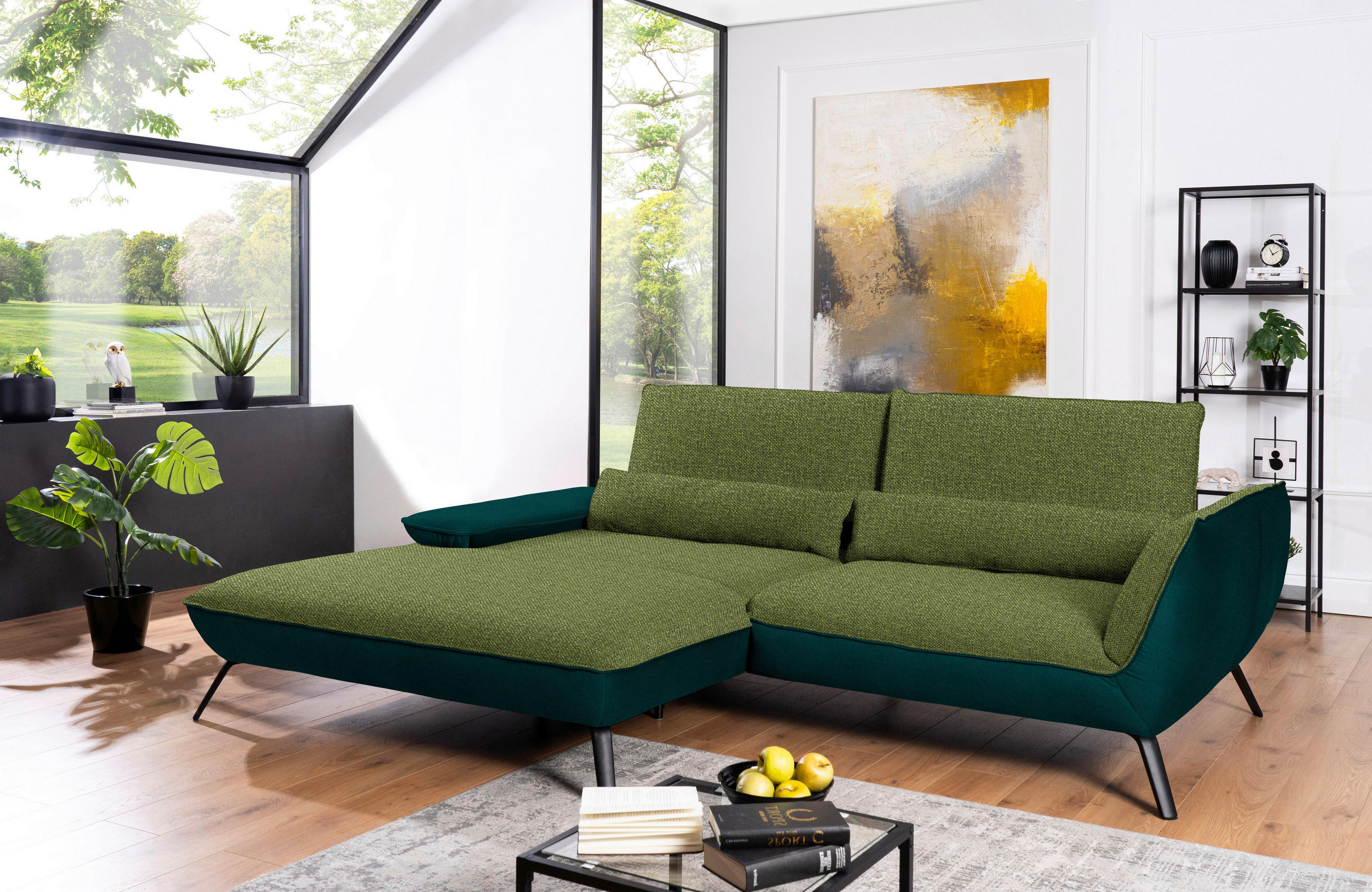 ECKSOFA in Flachgewebe Grün  - Schwarz/Grün, Design, Textil/Metall (191/273cm) - Moderano