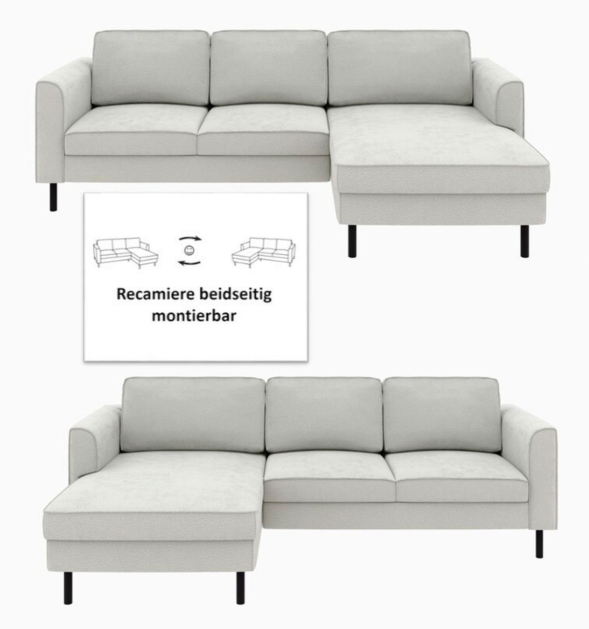 ECKSOFA Struktur Weiss  - Weiss/Schwarz, Modern, Textil/Metall (232/161cm) - Trendmanufaktur