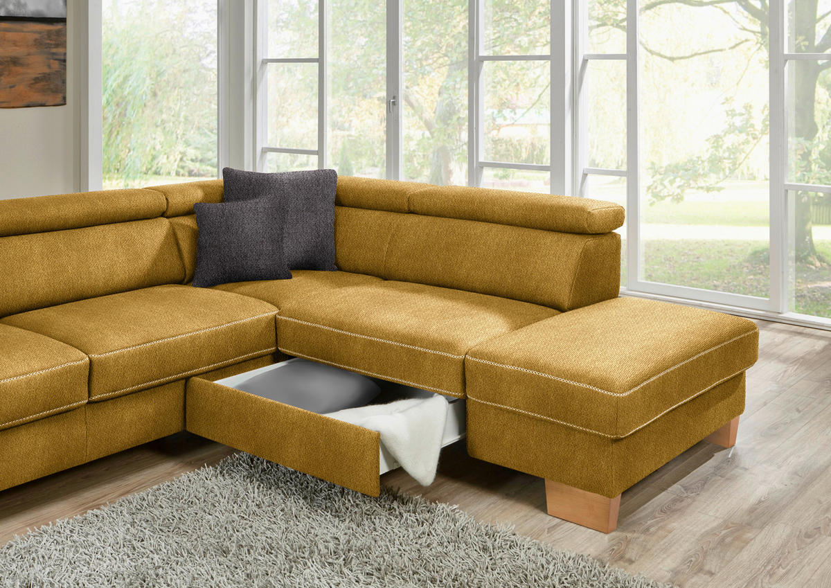 ECKSOFA in Mikrofaser Currygelb  - Currygelb/Eichefarben, Natur, Holz/Textil (226/273cm) - Beldomo System