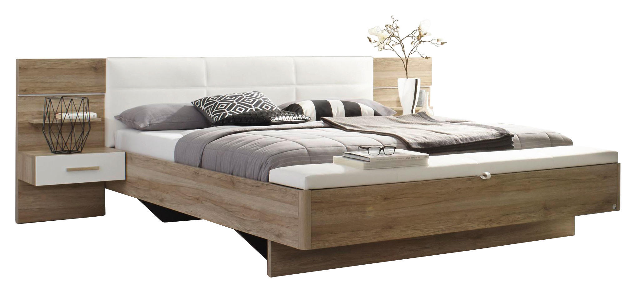ZOSTAVA S POSTEĽOU, 180/200 cm, biela, farba duba - biela/farba duba, Design, kompozitné drevo (180/200cm) - MID.YOU