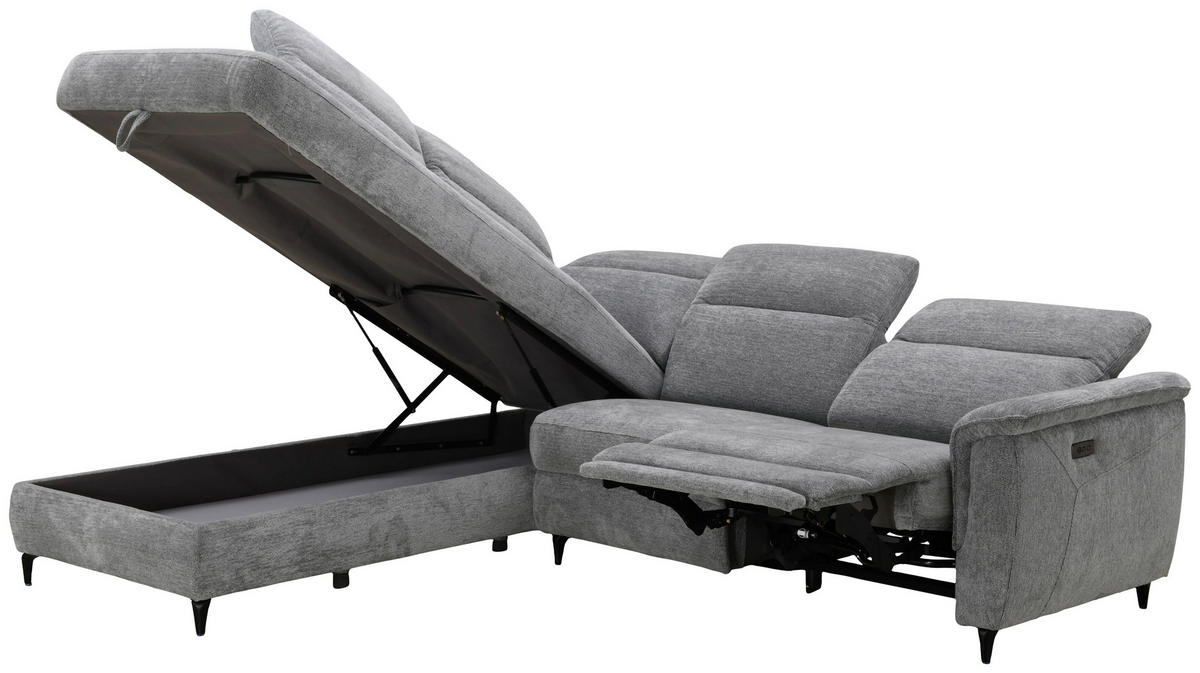 ECKSOFA Grau Chenille Relaxfunktion, Kopfteilverstellung, Stauraum  - Schwarz/Grau, Design, Textil/Metall (220/266cm) - Xora