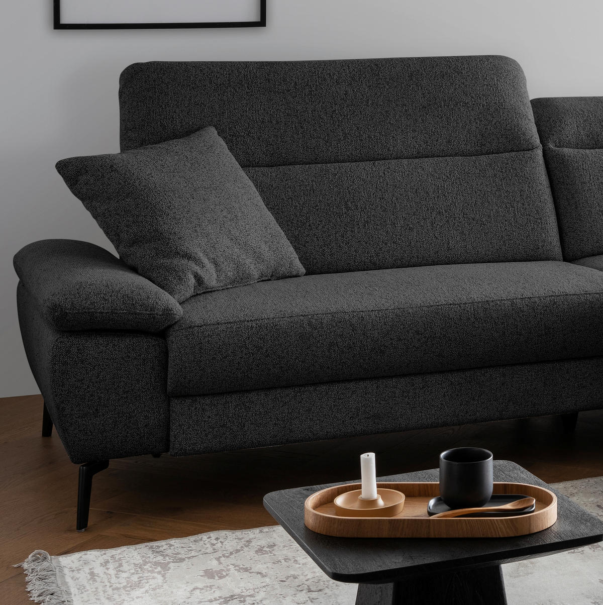ECKSOFA CANCELLI Struktur Zierkissen, Kopfteilverstellung  - Schwarz, KONVENTIONELL, Textil/Metall (300/178cm) - Livetastic